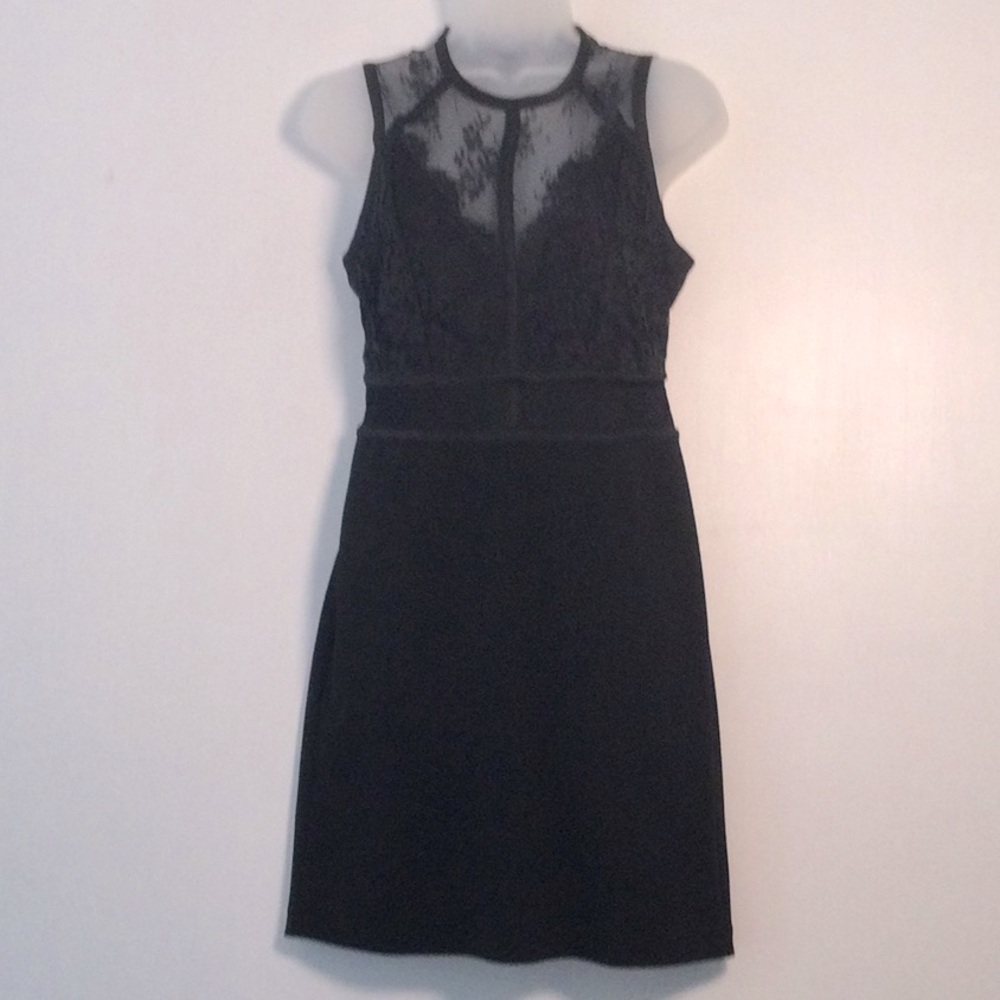 EXPRESS, Sleeveless Black Lace Yoke A-Line Dress - Women's